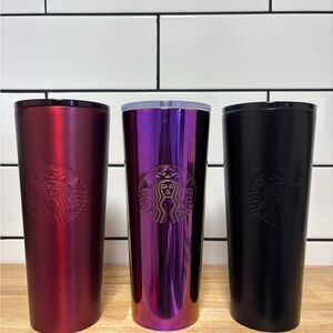 Starbucks Trio: Metallic Red, Shiny Purple, and Matte Black Metal Tumblers